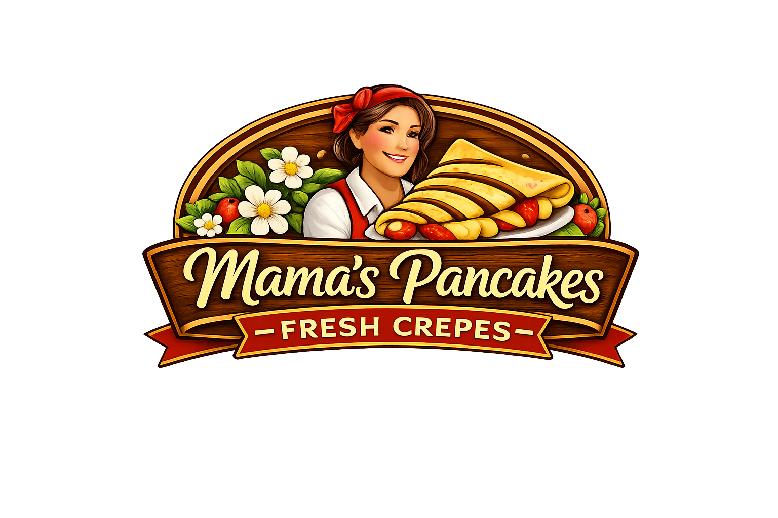 Mama's Pancakes logo — illustrated badge with Mama character, strawberries, daisies, wooden arch frame, and Fresh Crepes ribbon